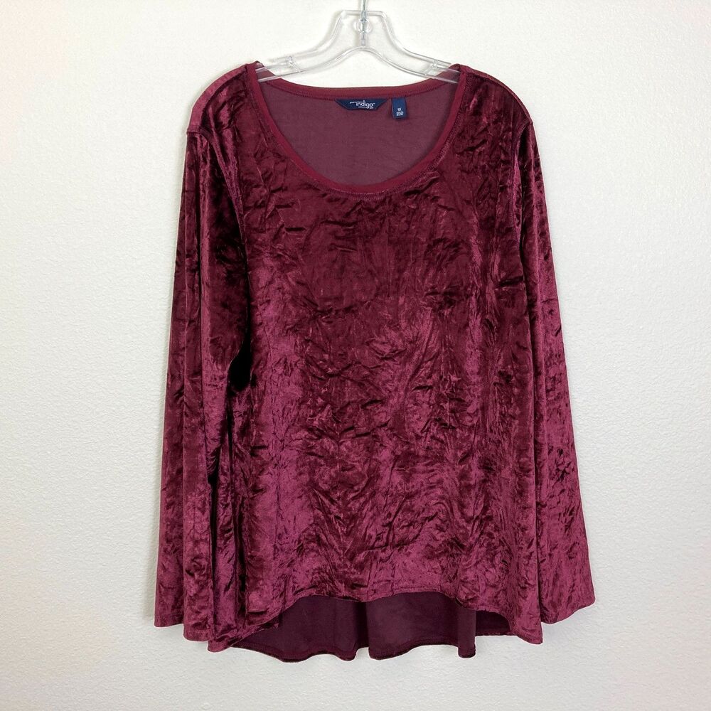 Great Northwest Indigo Women's Shirt Size 1X Burgundy Stretch Crushed Velvet